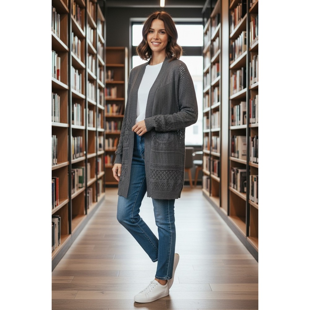 Belldini Womens Charcoal Gray Pointelle Knit Open Cardigan Sweater‎